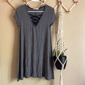 Mini navy stripe dress v neck laced cutout